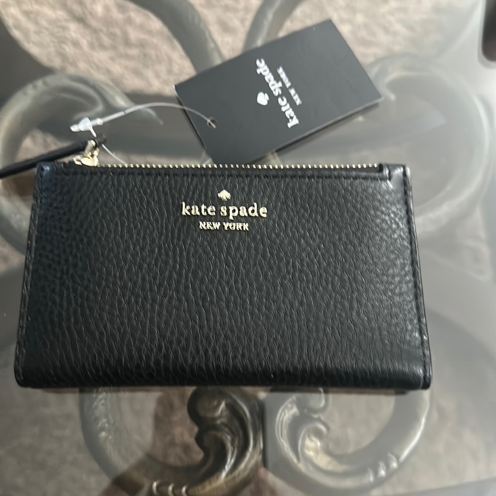 Kate Spade ❤️Jackson Small Slim Bifold Wallet ~Black Pebbled Leather #WLRU5472